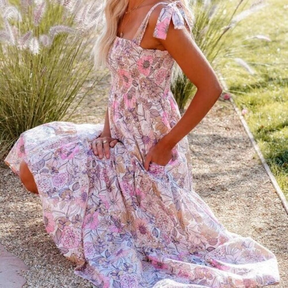 Pink Floral Square Neck Summer Dress